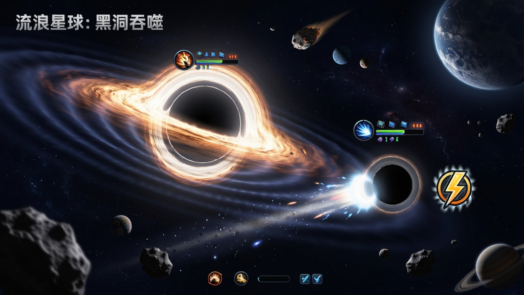 画面展示两个黑洞在宇宙中对抗,一个较大黑洞正在追逐较小黑洞,周围有陨石和星球作为障碍物,小黑洞旁边有加速道具图标,布局为对角构图,风格为科幻动感,细节包括黑洞引力波纹、能量条、技能图标、星光拖尾,画质高清,干净,无多余元素,图片中文字为“流浪星球:黑洞吞噬”