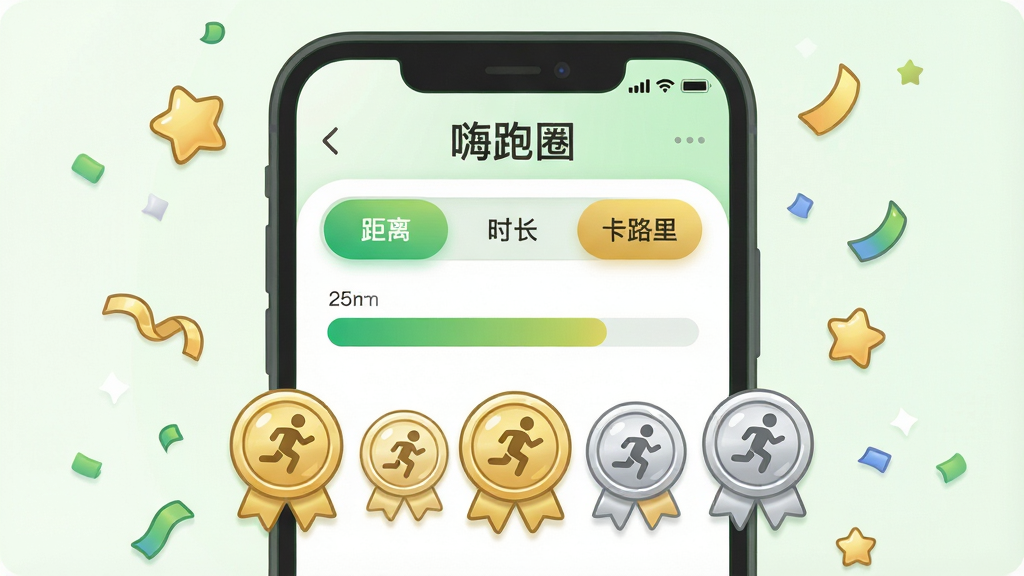 一张展示目标设定与成就系统的插画,画面中央是一个手机屏幕,屏幕上显示着“嗨跑圈”的目标设定界面,有距离、时长、卡路里三个选项卡,下方排列着一排金色和银色的成就徽章。布局采用居中特写,手机周围漂浮着星星和彩带装饰。风格为清新卡通风,色彩以绿色、金色和白色为主,细节包括徽章上的跑步小人图案、进度条的渐变填充、屏幕的圆角边框。画质清晰,画面干净,无多余元素。