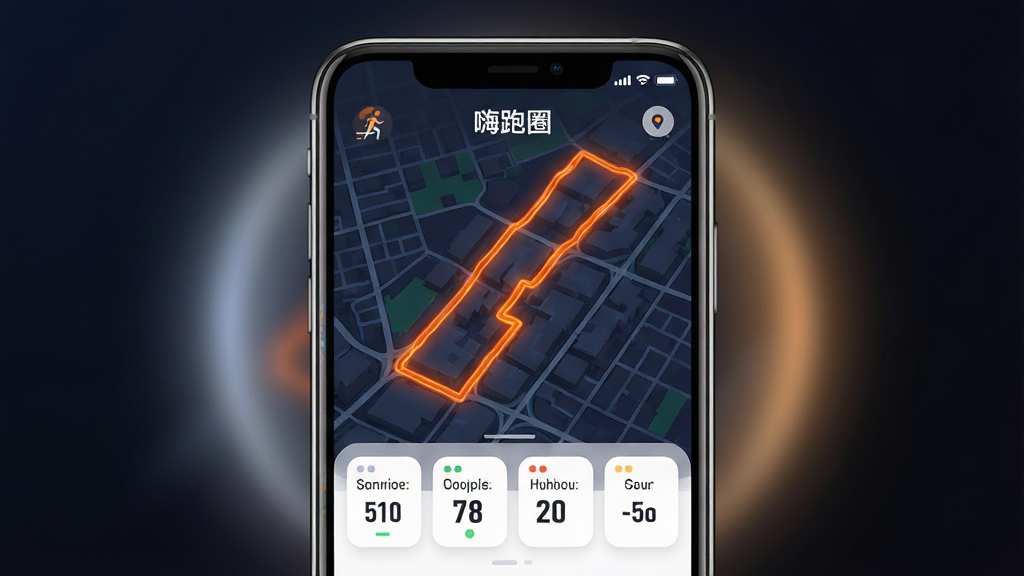 一款名为“嗨跑圈”的手机应用界面展示图,画面主体是一部智能手机,屏幕中显示着跑步轨迹地图,地图上有一条醒目的橙色运动轨迹线贯穿城市街道,下方排列着距离、配速、时长、卡路里四项数据卡片。布局采用居中展示,手机两侧有柔和的光晕效果。风格为现代科技感UI展示图,背景为深色渐变,细节包括手机边框的高光、地图上的定位图标、数据卡片的圆角设计。画质高清,画面干净,无多余元素。
