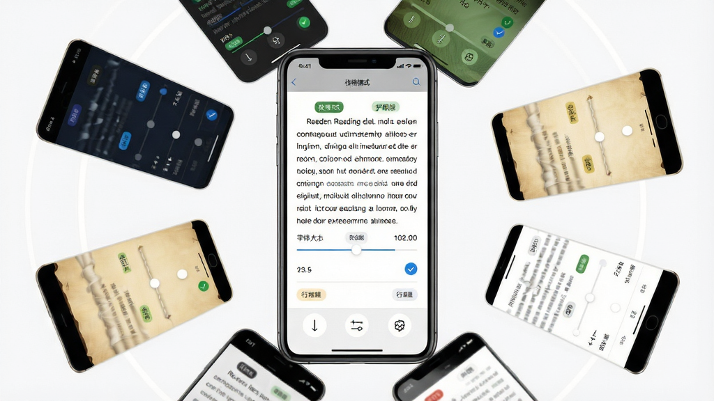 Reeden阅读器个性化主题设置界面展示,画面中央是手机屏幕显示阅读页面,周围环绕着多个不同配色的小屏幕预览图,分别展示夜间模式、护眼绿、羊皮纸、纯白等主题效果,界面中有字体大小调节滑块和行距调节图标,布局为环形放射状排列,风格为扁平化UI设计,细节包括色块标签、勾选标记,画质高清,画面干净,无多余元素