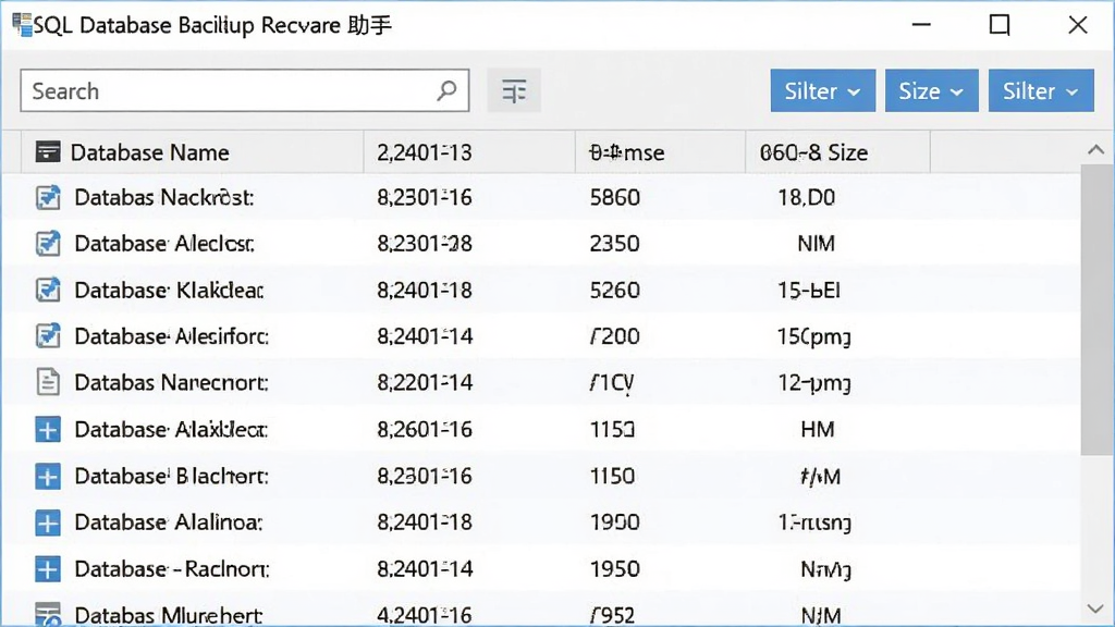一张展示SQL数据库备份恢复助手备份文件管理界面的图片,画面中软件窗口内以列表形式展示多个备份文件,每行包含数据库名称、备份时间、文件大小等信息,列表上方有搜索框和筛选按钮,界面风格清爽,主色调为浅灰与蓝色,画质清晰,无多余元素