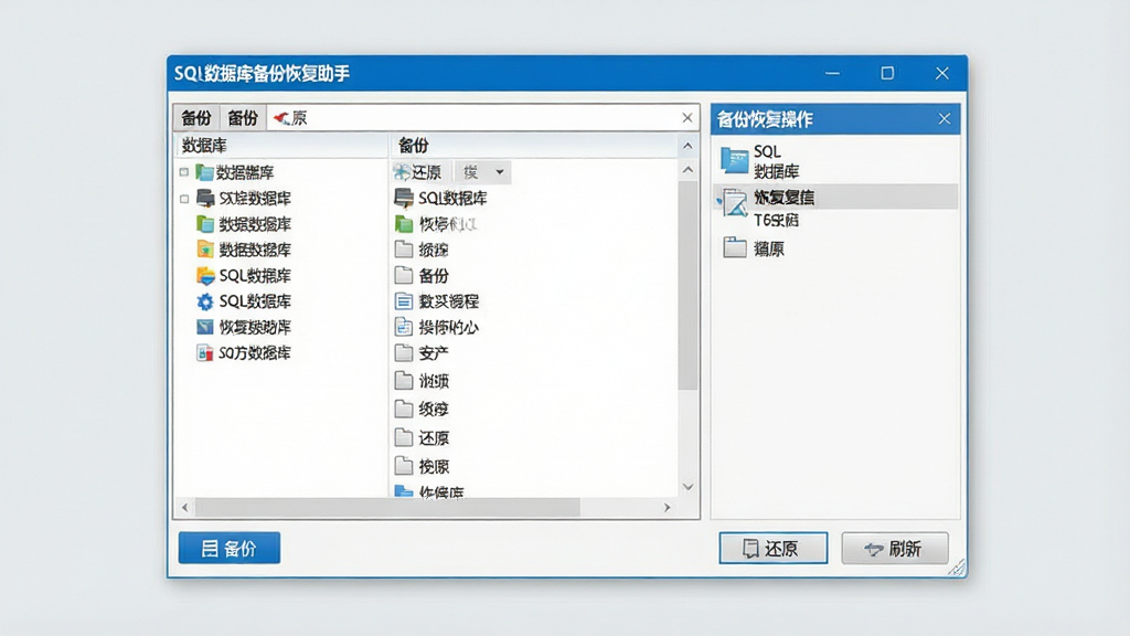 一张展示SQL数据库备份恢复助手软件主界面的图片,画面中央是软件窗口,窗口内部分为左侧数据库列表区域和右侧备份恢复操作面板,界面风格简洁商务,采用蓝白配色,顶部标题栏显示软件名称“SQL数据库备份恢复助手”,窗口下方有备份、还原、刷新等功能按钮,背景为干净的浅灰色,整体画质清晰,细节丰富,无多余元素