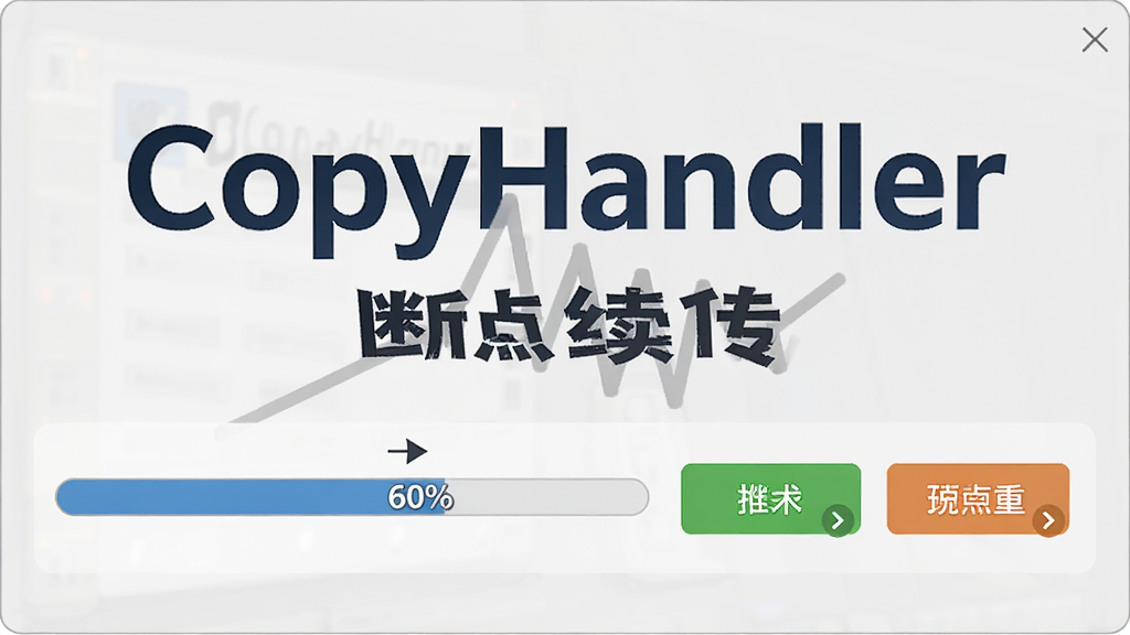 展示CopyHandler断点续传功能的示意图,画面中有一个被中断的复制任务,进度条停在60%位置,旁边有继续按钮和重试按钮。背景为浅灰色,突出软件名称CopyHandler和断点续传的视觉元素。画质清晰,干净,无多余元素。