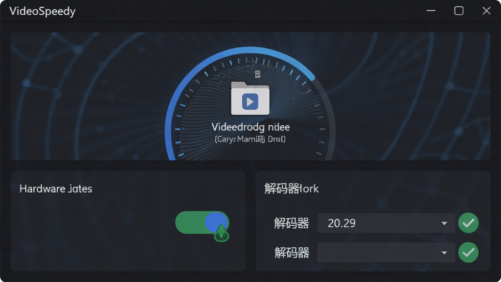 主体为软件主界面中央显示智能检测进度环,布局为上下结构,上方是视频文件拖拽区,下方是硬件加速开关与解码器选择列表,风格为扁平化暗色主题,细节包括动态扫描线条、硬件型号文字、绿色对勾标识,画质为高清,干净无杂乱元素,画面中带有文字
