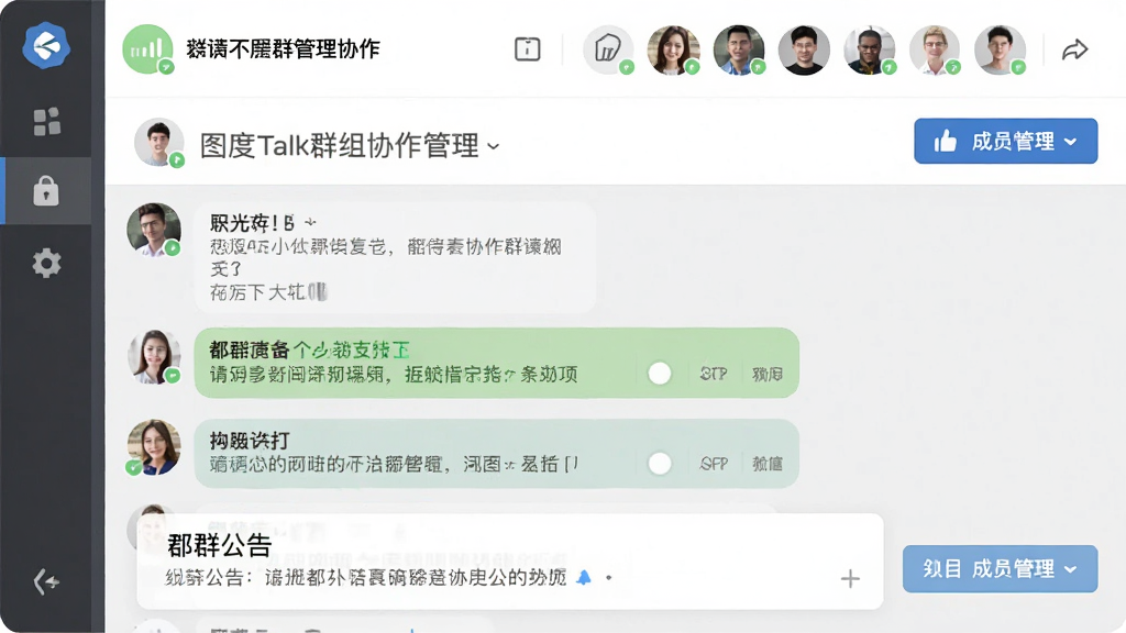 һ��չʾͼ��TalkȺ��Э���������ܵ�ͼƬ����������һ��Ⱥ��������棬������ʾȺ���ƺͳ�Աͷ���б����м���Ⱥ��Ϣ��¼���ײ���Ⱥ�����������岼�ֲ�η�����������Ч��ϸ��������Ⱥ�ļ��ͳ�Ա������ť�����ʸ��壬�ɾ�����