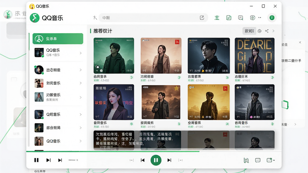 一张QQ音乐PC端主界面预览图,画面主体为QQ音乐播放器窗口,布局居中显示,左侧为歌单导航栏,中间为推荐歌单封面墙,底部为播放控制条,排版清晰整洁,风格为现代简约科技风,细节包含绿色主题色点缀、专辑封面缩略图、歌词滚动区域,画质高清,干净,无多余元素
