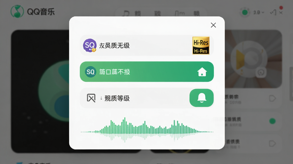 一张展示QQ音乐高品质音质选择界面的图片,画面主体为音质切换弹窗,布局为居中面板,排版从上到下依次为音质等级选项,风格为清新简约现代风,细节包含SQ无损标识、Hi-Res金标、绿色选中状态、频谱波形装饰,画质高清,干净,无多余元素