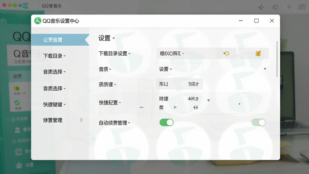 一张QQ音乐设置中心界面的图片,画面主体为设置面板窗口,布局为左侧分类导航右侧详细选项,排版规整有序,风格为浅色清爽办公风,细节包含下载目录设置、音质选择、快捷键配置、自动续费管理开关,画质高清,干净,无多余元素