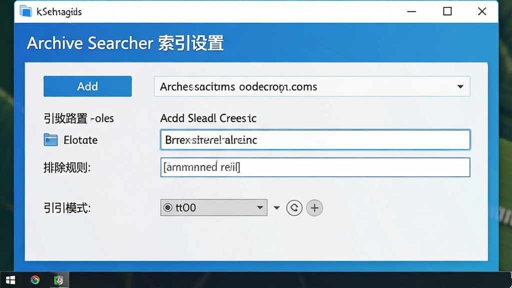 Archive Searcher软件操作界面截图,展示设置面板中索引路径配置选项,包含添加文件夹按钮、排除规则输入框、索引模式选择,界面风格简洁明亮,细节清晰,画质高清,屏幕文字