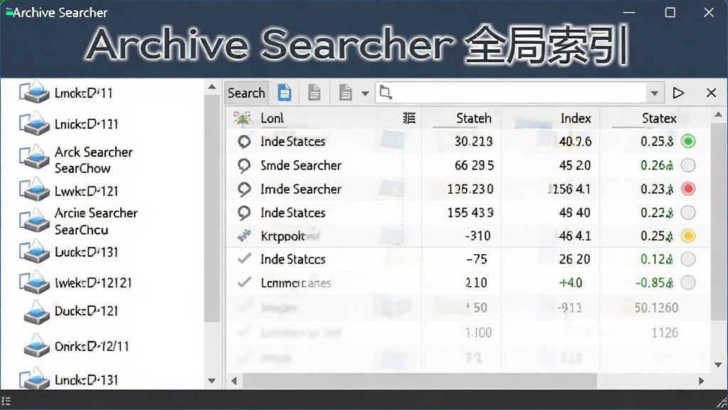 Archive Searcher软件界面截图,展示跨盘符搜索功能,左侧显示多个磁盘分区列表,右侧展示搜索结果汇总,风格简洁商务,细节包含磁盘图标、文件数量统计、索引状态指示,画质清晰,无多余装饰,屏幕文字
