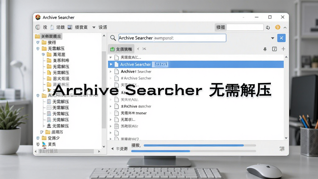 画面主体为Archive Searcher软件窗口,展示一个大型压缩包被直接打开,左侧列出压缩包内文件树,右侧显示搜索关键词高亮匹配结果,背景为简洁的办公桌面环境,风格写实科技感,细节包含文件图标、格式标签、搜索进度条,画质高清,画面干净,屏幕中打文字