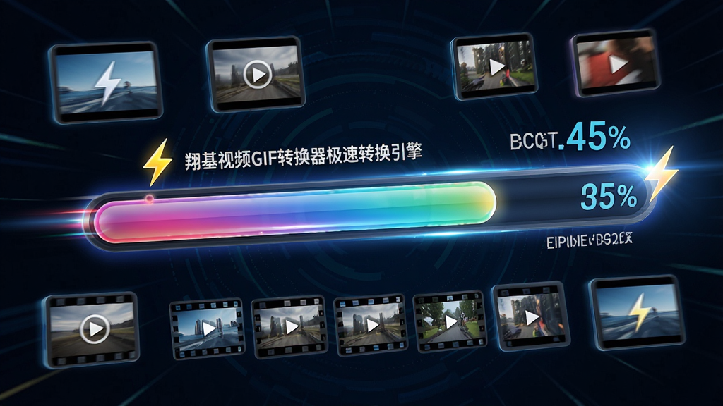 一张展示翔基视频GIF转换器极速转换引擎的图片,主体为软件进度条飞速前进的视觉效果,布局为中央大号进度条和周围环绕的视频帧图标,排版动感十足,风格为科技速度感,细节包括闪电符号、帧序列缩略图和完成百分比数字,画质高清,干净,无多余元素