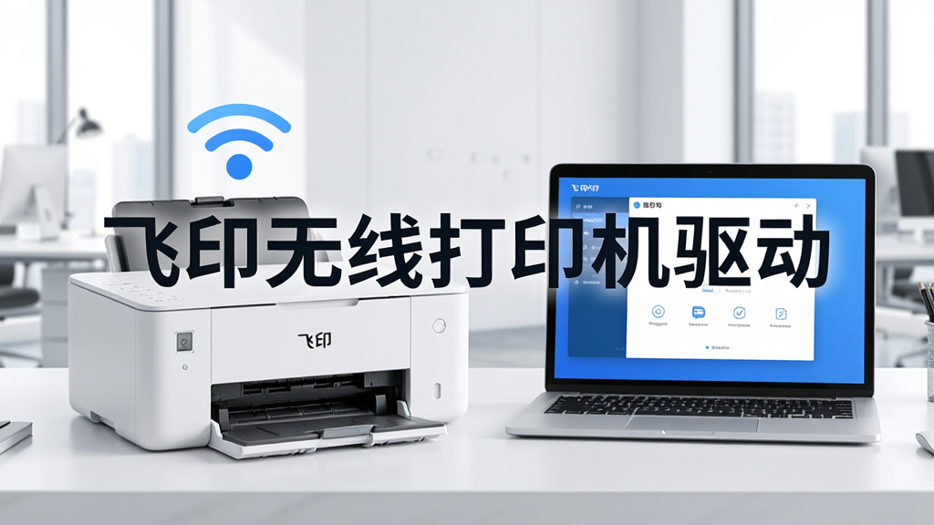 一台白色飞印无线打印机放置在整洁的办公桌面上,旁边是一台打开的笔记本电脑,屏幕上显示着飞印无线打印机驱动的安装界面,打印机上方有无线信号图标闪烁,背景是明亮的现代办公室环境,画面中央用大号字体写着
