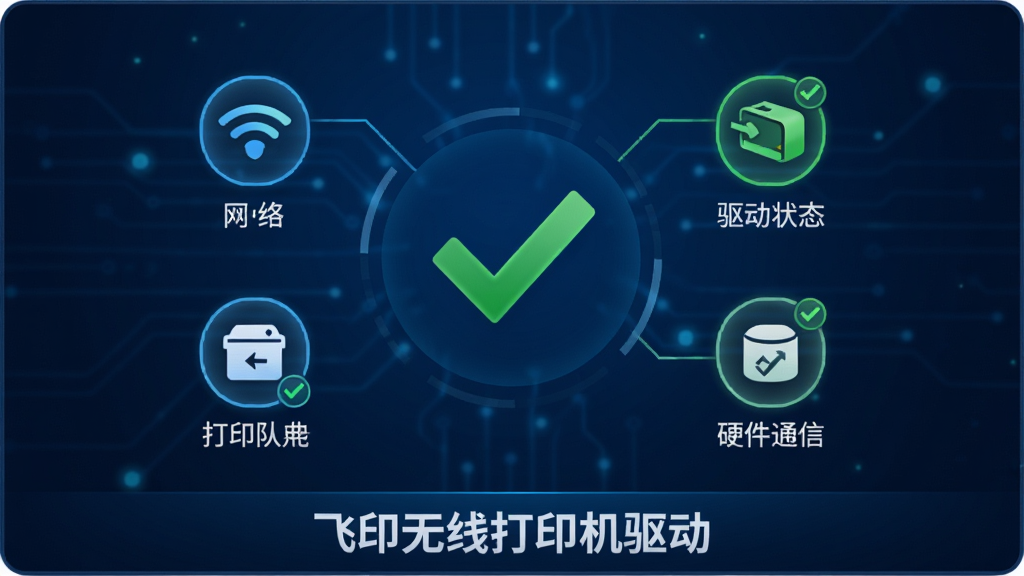 飞印无线打印机驱动的故障诊断界面,屏幕中央显示一个绿色的勾选标记表示检测通过,周围环绕着网络连接、驱动状态、打印队列、硬件通信四个检测项目的图标,界面底部有