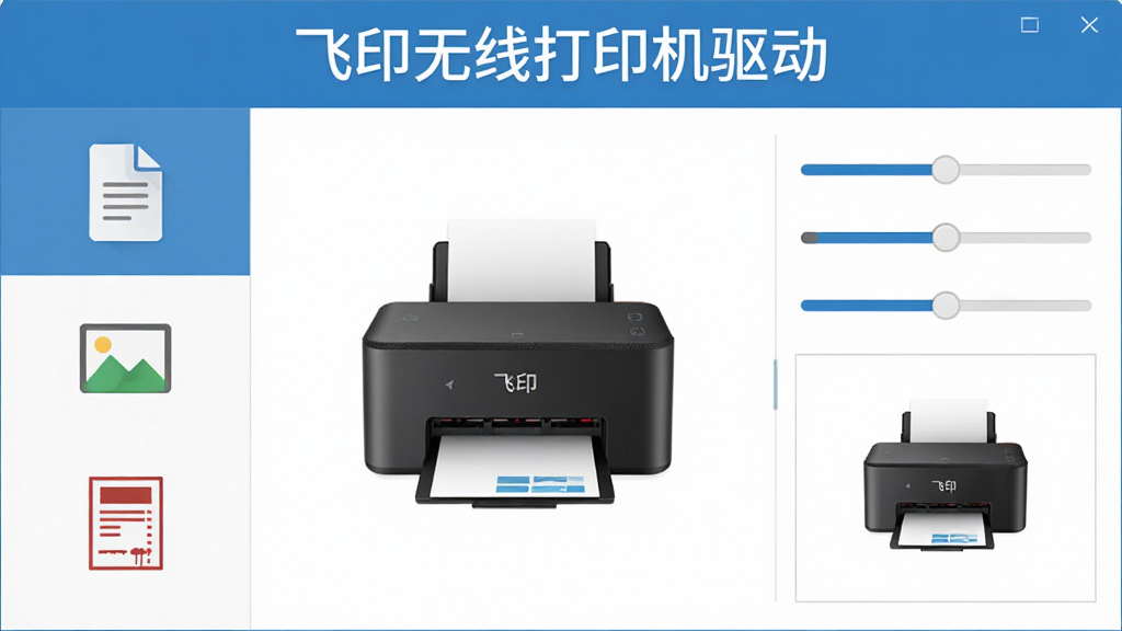 飞印无线打印机驱动软件界面截图,左侧显示文档、图片、票据三种打印模式图标,右侧是打印参数调节滑块和预览区域,界面中央有飞印打印机的产品图,屏幕上方有