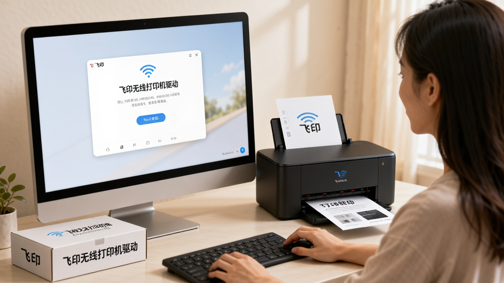 一位用户坐在电脑前,屏幕上显示飞印无线打印机驱动的安装完成界面,旁边放着一台飞印无线打印机正在输出测试页,桌面上有