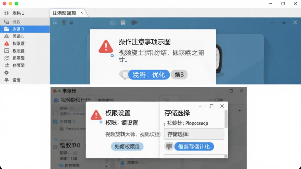 视频旋转大师操作注意事项示意图,主体为软件界面与提示弹窗组合,布局上方显示软件主界面,下方显示权限设置与存储选择弹窗,排版为上下结构,风格为扁平化信息图,细节包括红色警示图标、蓝色优化标签、灰色提示文字,画质高清、画面干净、无多余元素