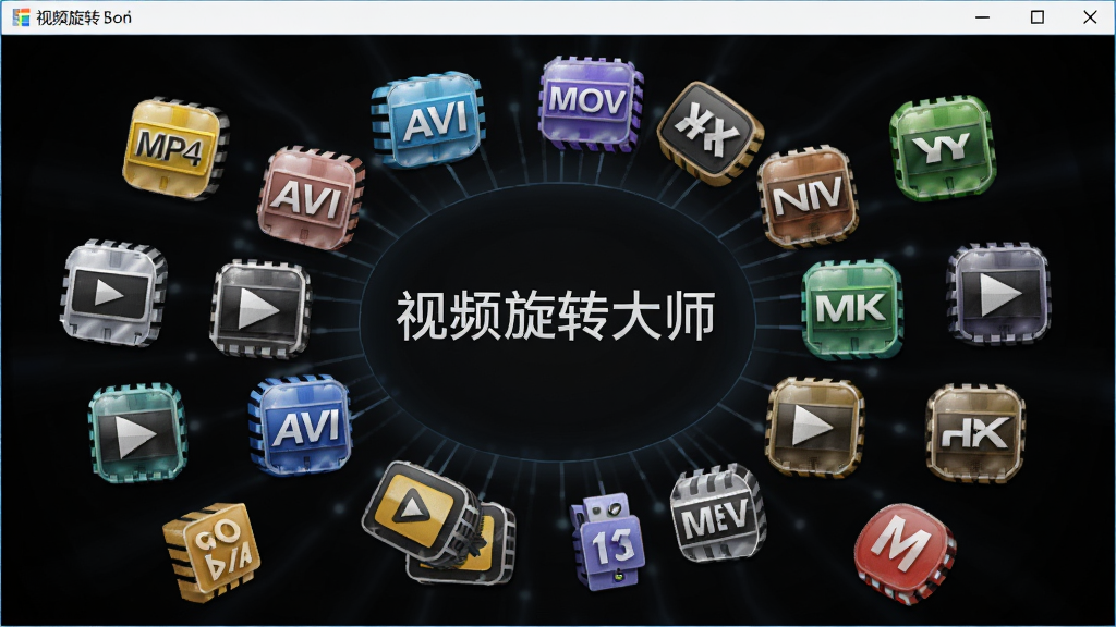 视频旋转大师格式兼容展示,主体为软件界面中排列着多种视频格式图标如MP4、AVI、MOV、MKV等,布局以环绕式排列在软件名称周围,排版采用中心辐射状,风格为科技感图标设计,细节上每个格式图标带有轻微光泽和立体感,画质高清、画面干净、无多余元素