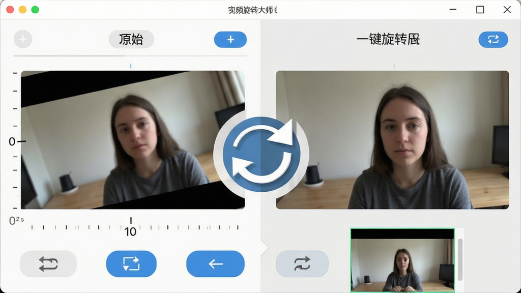 视频旋转大师一键旋转功能展示,主体为软件操作界面特写,布局上左侧显示原始倾斜视频画面,右侧显示旋转校正后的正常画面,中间以醒目的旋转箭头图标连接,排版采用左右对比形式,风格为清爽扁平化设计,细节包括界面上的角度刻度、翻转按钮图标、实时预览窗口,画质高清、画面干净、无多余元素