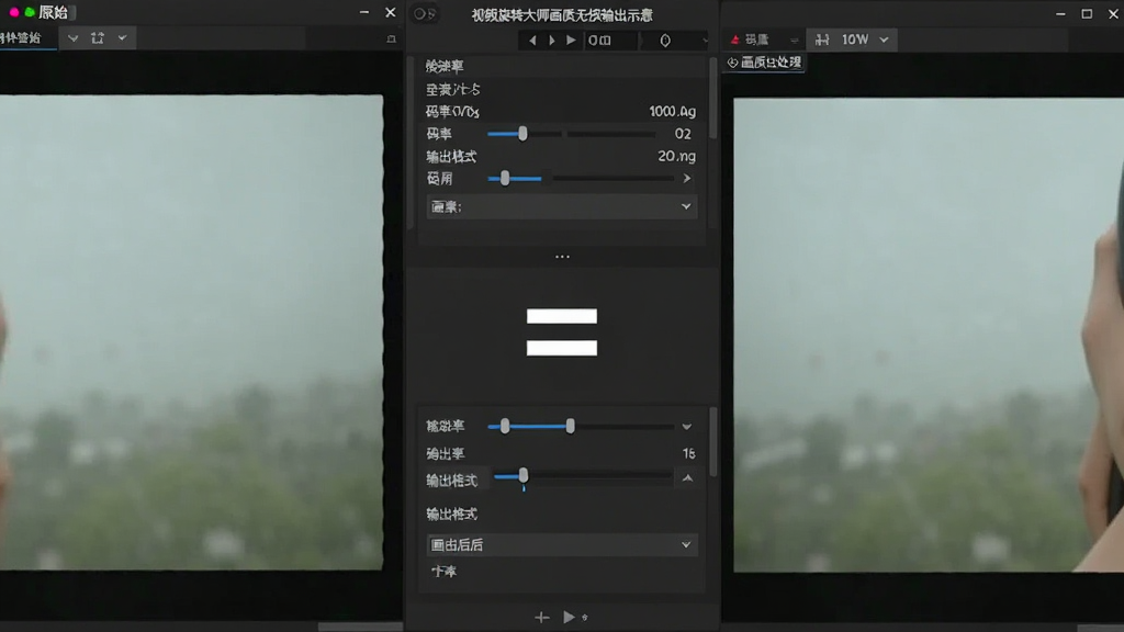视频旋转大师画质无损输出示意,主体为软件导出设置面板与画质对比效果,布局左侧显示原始视频画面细节,右侧显示处理后画面细节,中间以等号连接表示画质一致,排版为对比展示,风格为专业影音软件界面,细节包括分辨率数值、码率滑块、输出格式选项,画质高清、画面干净、无多余元素