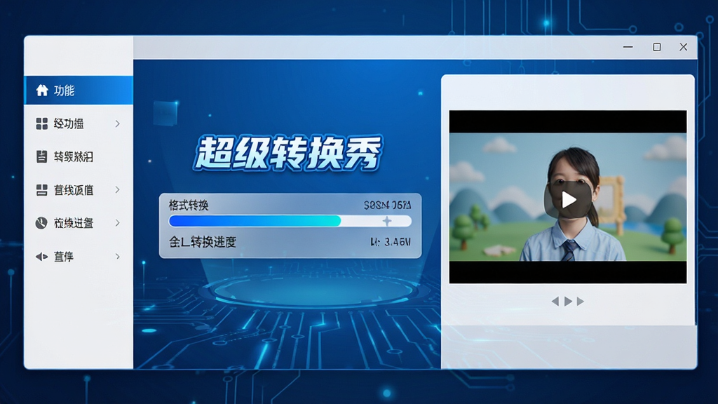 软件主界面全景展示,标题文字“超级转换秀”,中央为格式转换进度条,左侧为功能菜单栏,右侧为视频预览窗口,界面风格简洁现代,蓝色科技感配色,排版清晰,画质高清,干净无多余元素