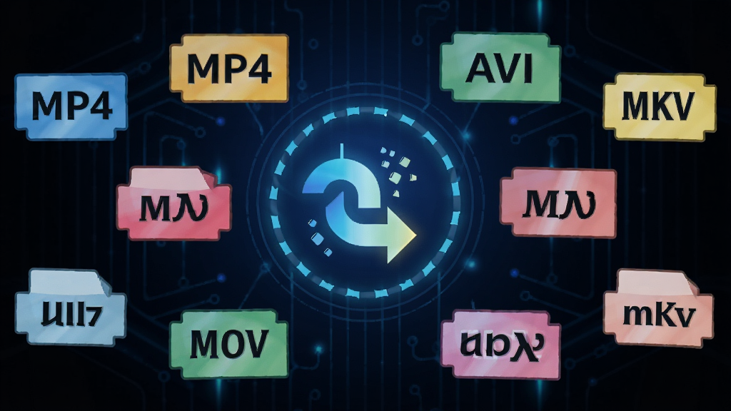 AI生图,画面中心为发光的转换图标,周围环绕着MP4、AVI、MKV、MOV等格式标签,背景为深蓝色科技光效,风格扁平化设计,排版居中对称,细节精致,画质高清,干净无多余元素