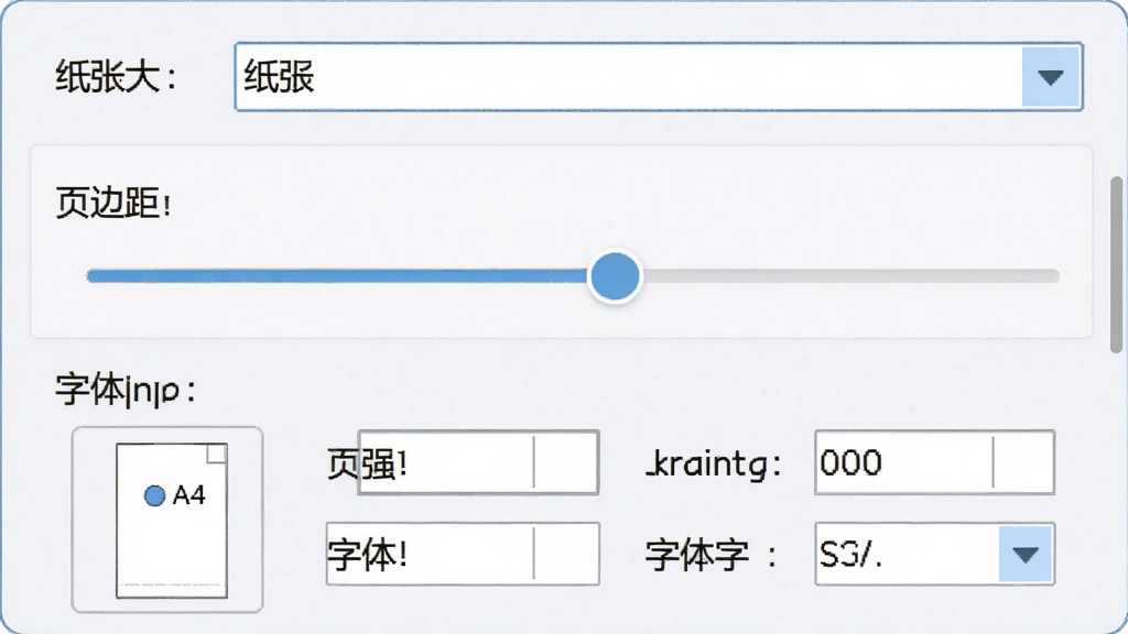 TXT2pdf参数设置界面,主体为软件中的页面设置面板,布局上方为纸张大小下拉菜单,中部为页边距调节滑块,下方为字体与字号选择区域,排版层次分明,风格为清爽浅色办公风,细节包含A4纸张预览缩略图、数值输入框、调节滑块控件,画质高清,干净,无多余元素