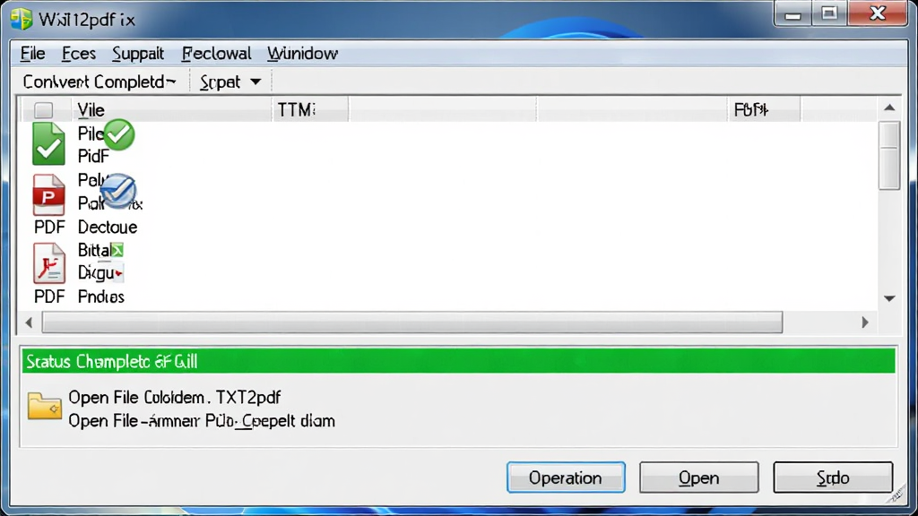 TXT2pdf在Windows电脑上的运行界面截图,主体为软件窗口显示转换完成状态,布局上方为菜单栏,中部为文件列表与状态提示,下方为操作按钮,排版规整,风格为经典Windows桌面应用风,细节包含绿色完成对勾、PDF文件图标、打开文件夹按钮,画质高清,干净,无多余元素