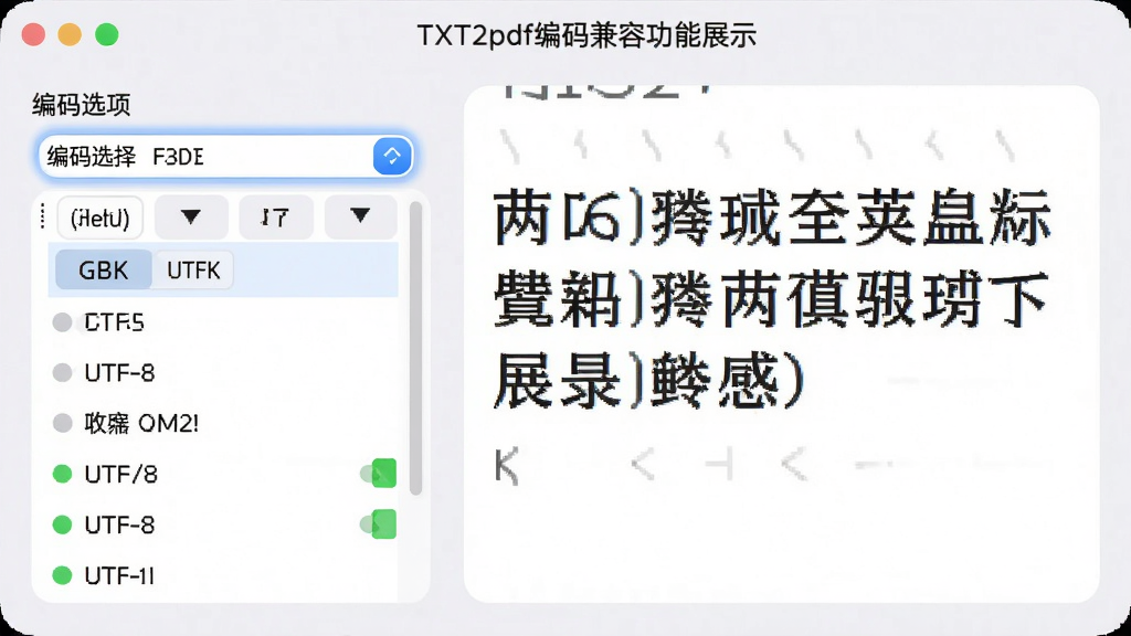 TXT2pdf编码兼容功能展示,主体为软件界面中显示编码选择下拉框与正常显示的中文文本预览,布局左侧为编码选项列表,右侧为文本预览窗口,排版清晰,风格为柔和圆角现代风,细节包含GBK与UTF-8标签、中文字符示例、绿色正常状态标识,画质高清,干净,无多余元素