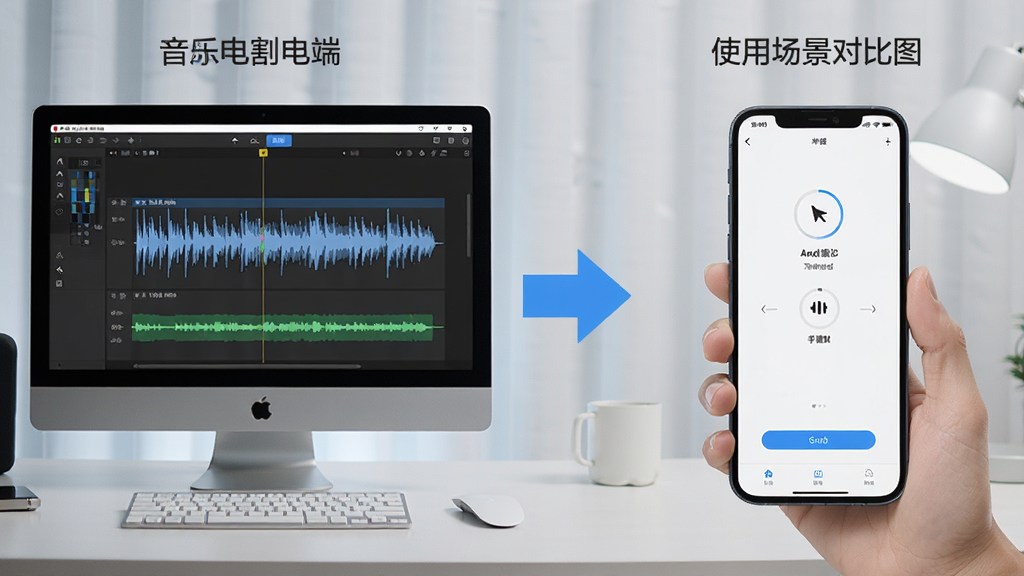 音乐切割助手在Windows电脑和安卓手机上的使用场景对比图,左侧为电脑端波形剪辑界面,右侧为手机端简洁操作界面,中间有箭头连接,风格现代,布局左右对称,细节上体现设备适配,画质清晰,干净,无多余元素