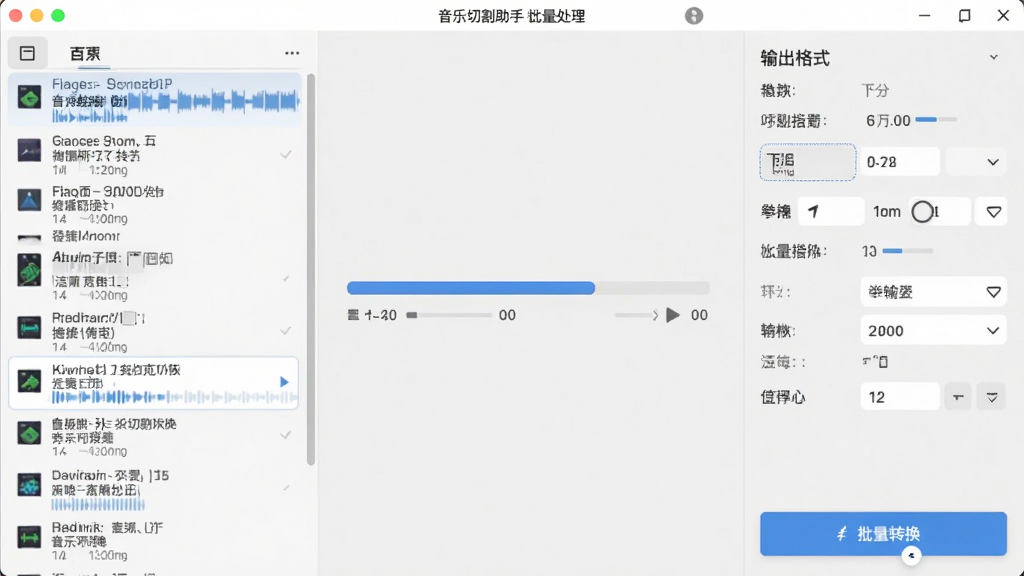 音乐切割助手批量处理界面,左侧列表显示多个音频文件,右侧为输出格式和参数设置面板,中间有进度条,风格商务简洁,布局规整,细节上体现批量转换按钮,画质清晰,干净,无多余元素