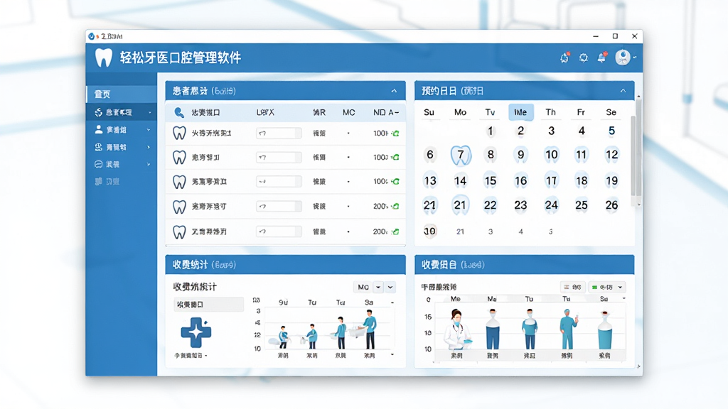 轻松牙医口腔管理软件主界面全貌展示,画面中央为软件主界面窗口,包含患者列表、预约日历、收费统计等模块,布局清晰,界面采用蓝白配色,风格简洁专业,细节上显示牙齿图标与医疗十字标识,画质高清,干净无多余元素