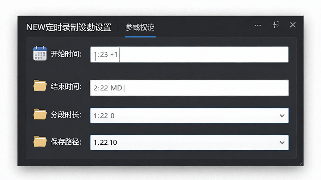 一张小葫芦直播录制助手NEW定时录制设置界面图,主体为软件参数配置窗口,包含开始时间、结束时间、分段时长、保存路径等输入框和下拉菜单,布局为表单式排列,排版规整,风格为简约商务风,细节有日历图标和文件夹图标,画面干净,画质高清,无多余元素