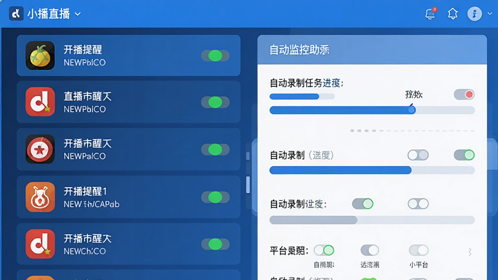 一张小葫芦直播录制助手NEW多平台监控功能示意图,主体为软件监控列表界面,左侧排列多个直播平台图标和直播间状态指示灯,右侧显示自动录制任务进度条,布局为左右分栏结构,排版整齐,风格为扁平化科技蓝配色,细节包含开播提醒、自动录制开关、平台标识等,画面干净,画质高清,无多余元素