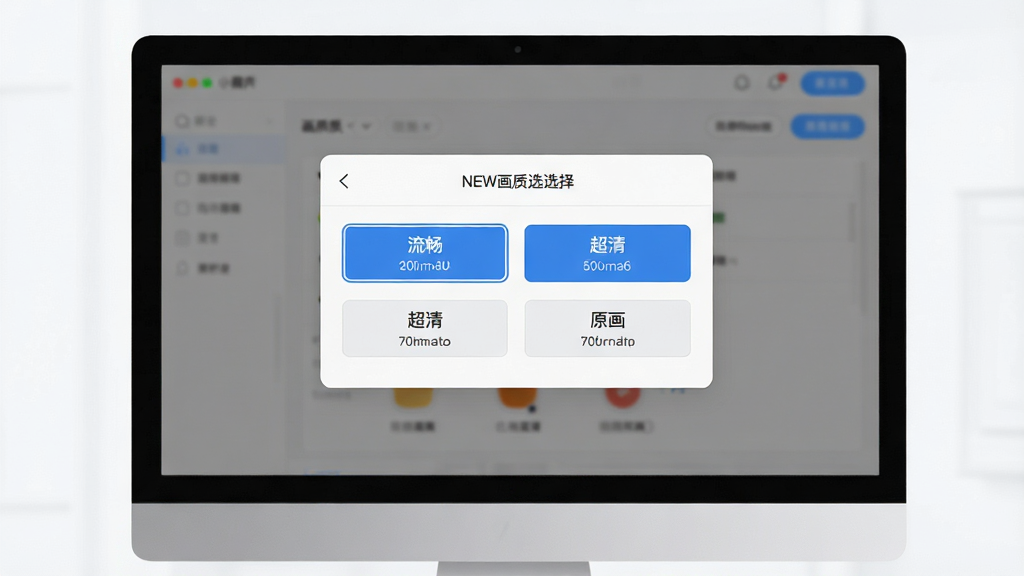 一张小葫芦直播录制助手NEW画质选择界面展示图,主体为电脑屏幕上的画质设置弹窗,包含流畅、高清、超清、原画四个选项按钮,布局居中显示,排版简洁明了,风格为浅色系现代UI,细节有选中高亮效果和分辨率说明文字,画面干净,画质高清,无多余元素