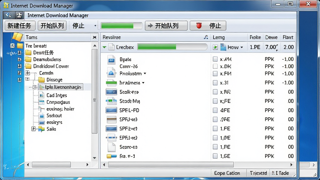һ��չʾInternet Download Manager�������������ϸͼƬ�������������������ڣ����Ϊ����Ŀ¼�����Ҳ�Ϊ�ļ��б���������������ʾ���½����񡱡���ʼ���С���ֹͣ���Ȱ�ť�����ڷ��Ϊ�����Windows����Ӧ����ʽ�����岼���������Ű����࣬���Ϊдʵ������ͼ���ϸ�ڰ������������ļ�ͼ�ꡢ�ٶ���ʾ�����ʸ��壬�ɾ����޶���Ԫ��