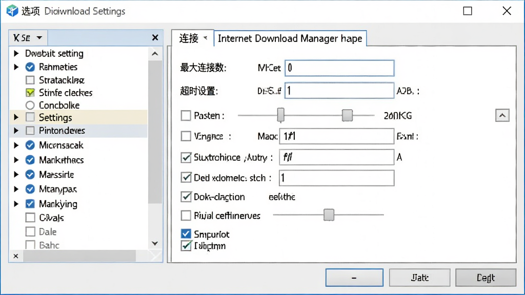 һ��չʾInternet Download Managerѡ�����ý����ͼƬ�����������������ġ�ѡ��Ի������Ϊ���÷����б����Ҳ���ʾ�����ӡ�ѡ��ľ�������������������������ʱ���õȣ�����Ϊ���ҷ��������ΪWindowsϵͳ���ý�����ϸ�ڰ�������򡢻��顢��ѡ�򣬻��ʸ��壬�ɾ����޶���Ԫ��