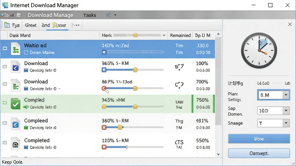 һ��չʾInternet Download Manager�ϵ������붨ʱ�����ܵ�ͼƬ������������������������н��棬�б��ж���ļ����ڵȴ������ء���ɵȲ�ͬ״̬���Ҳ���һ��ʱ��ͼ��ͼƻ�����������壬����Ϊ���ҷ��������Ϊ����칫������ͼ���ϸ�ڰ������Ȱٷֱȡ�ʣ��ʱ�䡢�ƻ�ʱ�����ã����ʸ��壬�ɾ����޶���Ԫ��