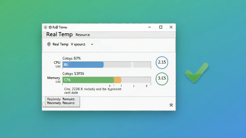 一张简约风格图,展示 Real Temp 软件在任务管理器中的资源占用对比,旁边有绿色对勾图标表示低占用,背景是纯色渐变,布局居中,风格清新简约,细节包括 CPU 占用率、内存占用数值,画质清晰,干净,无多余元素