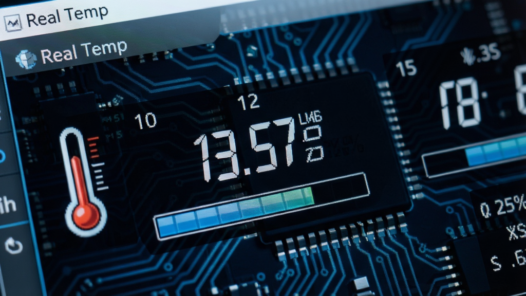 一张特写图,展示 Real Temp 软件界面上多个 CPU 核心温度数字,数字清晰醒目,旁边有温度计图标和进度条,背景是抽象的电路板纹理,色调以蓝黑为主,布局简洁,风格科技感,细节包括核心编号、温度数值、负载百分比,画质清晰,干净,无多余元素