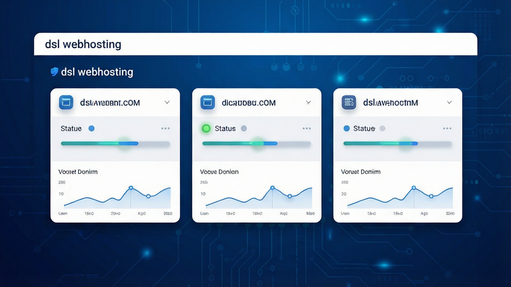 一张软件功能展示图,主体是“dsl webhosting”的多站点管理面板界面,屏幕中并列显示三个网站卡片,每个卡片上有域名、状态指示灯和访问量小图表。布局采用横向三栏排列,背景为深蓝色渐变科技背景。排版整齐,风格为扁平化UI设计风,细节包括卡片圆角、图标阴影和进度条高光。画质为高清矢量质感,画面干净,无多余装饰元素。