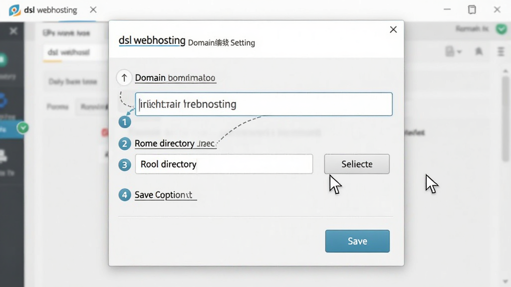 一张软件操作流程图,主体是“dsl webhosting”的域名绑定设置窗口,屏幕中显示域名输入框、根目录选择按钮和保存选项。布局采用垂直表单排列,背景为浅灰色工作区。风格为清晰明了的操作指引图,细节包括高亮按钮、步骤序号和鼠标指针位置。画质为高清,画面干净,无多余元素。