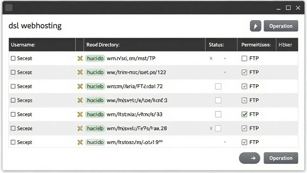 一张FTP账户管理界面图,主体是“dsl webhosting”的FTP用户列表窗口,显示着用户名、根目录路径和权限勾选框。布局采用表格形式,表头为深色底色,行间有浅色分隔线。风格为简约商务风,细节包括权限图标、状态标签和操作按钮。画质为高清,画面干净,无多余元素。