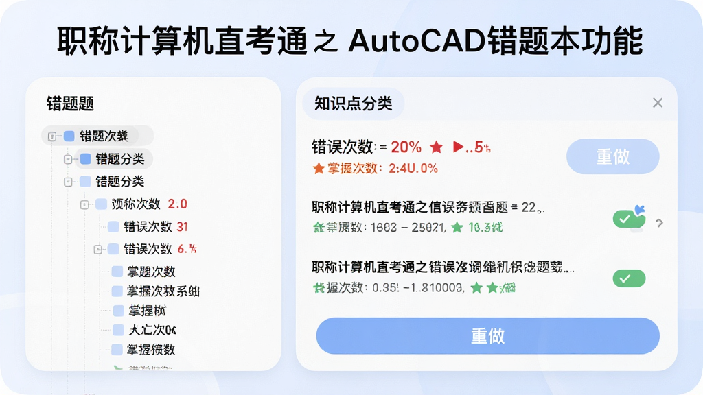 一张展示职称计算机直考通之AutoCAD错题本功能的预览图,主体为错题列表与知识点分类标签,布局左侧为错题分类树右侧为错题详情与重做按钮,排版清晰,风格为柔和圆角,细节包含错误次数统计与掌握标记,画质高清,干净,无多余元素