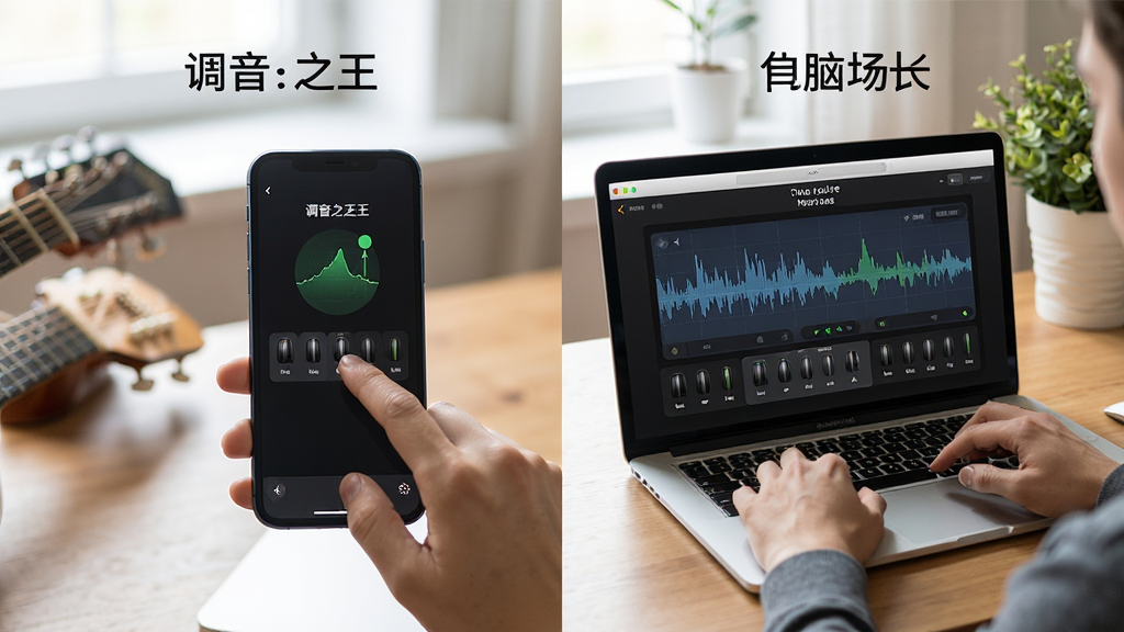 调音之王软件在手机和电脑上的使用场景对比图,画面主体为手机与笔记本电脑并排展示调音界面,布局为左右对比,排版清晰,风格为生活化场景风格,细节包括吉他、调音界面、用户操作手势,画质高清,干净,无多余元素