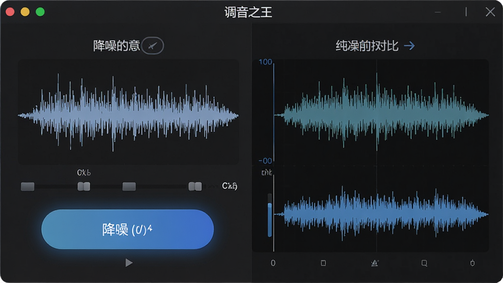 调音之王软件的环境降噪功能展示,画面主体为软件界面中降噪开关与波形对比图,布局为左右对比展示,排版简洁明了,风格为功能说明图风格,细节包括噪音波形与纯净波形的对比、降噪按钮高亮,画质高清,干净,无多余元素