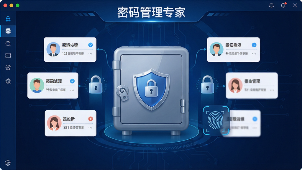 密码管理专家软件主界面全貌展示,画面中央是一个带有盾牌图标的密码保险箱,周围环绕着账号卡片、加密锁、指纹识别等安全元素,整体采用深蓝色科技风格,界面布局清晰简洁,文字标注