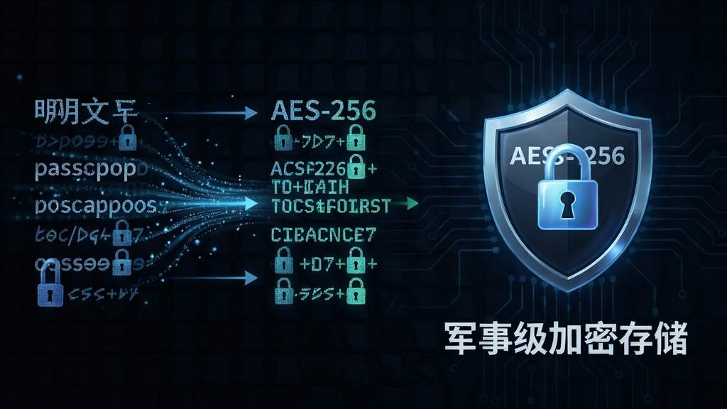 密码管理专家加密存储功能展示,画面左侧是明文密码被转化为密文的动态效果,右侧是AES-256加密标识与盾牌图标,背景为深色科技纹理,文字标注