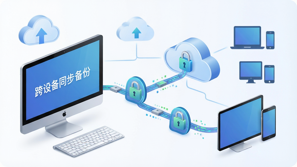 密码管理专家跨设备同步与备份示意图,画面展示一台电脑通过加密通道将数据同步至云端和另一台设备,数据流以锁形图标包裹,背景为简洁的云朵与设备图标,文字标注