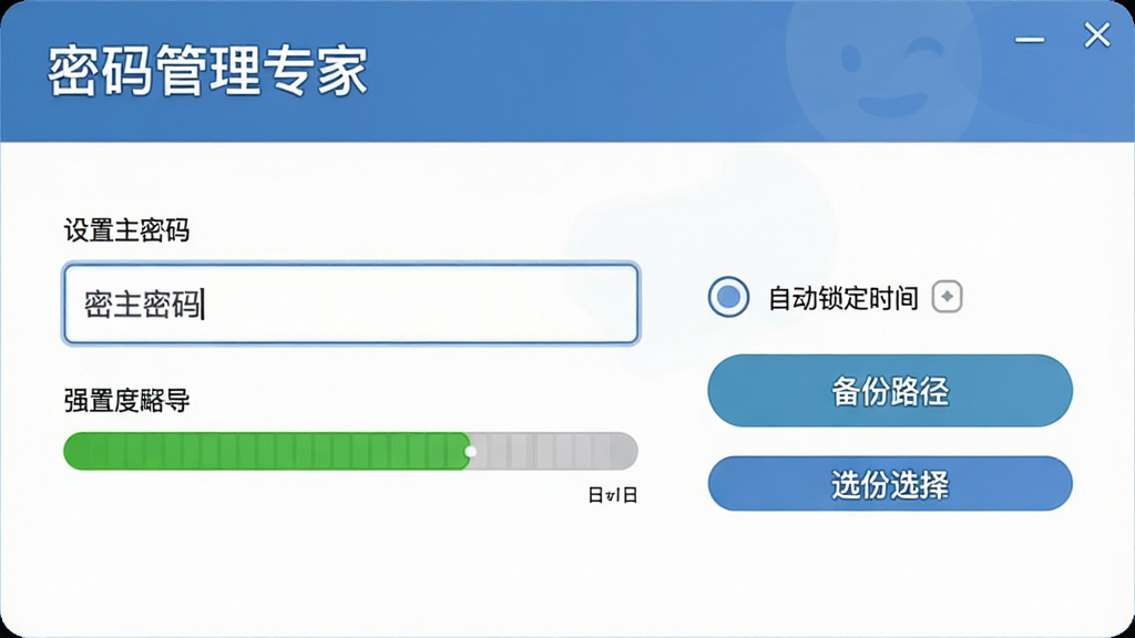 密码管理专家新手设置向导界面,画面展示设置主密码的输入框与强度指示条,旁边有自动锁定时间选项与备份路径选择按钮,界面风格友好简洁,文字标注